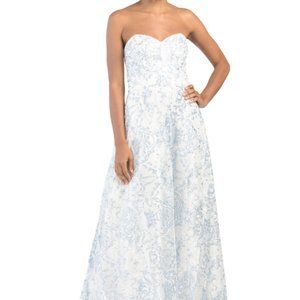 Cachet Strapless Glitter Gown White Silver & Blue NWT